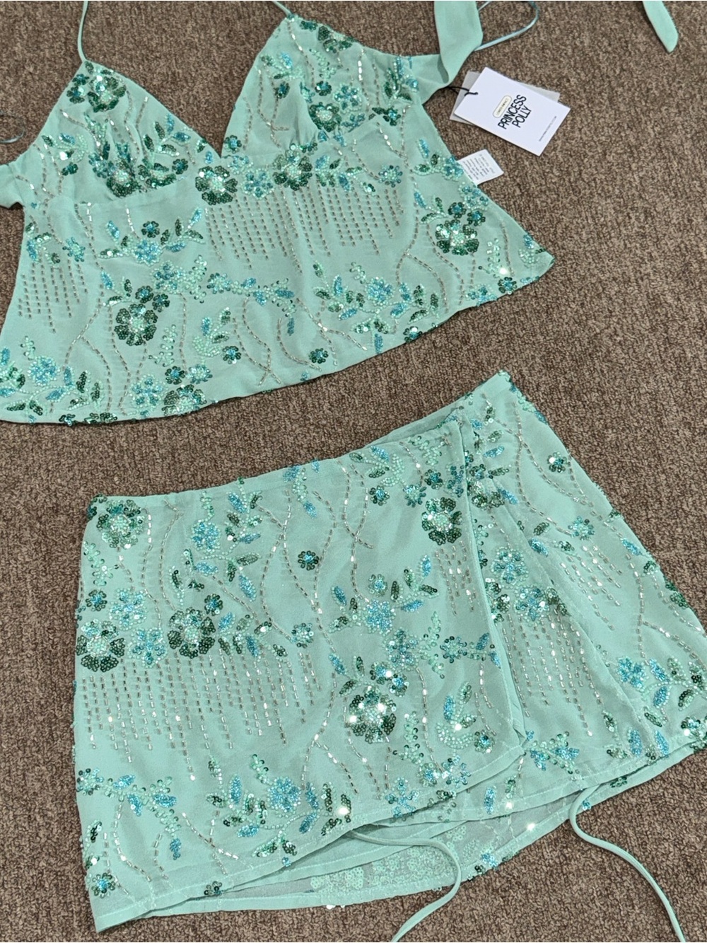 Princess Polly Mint Beaded Floral Mini Skirt